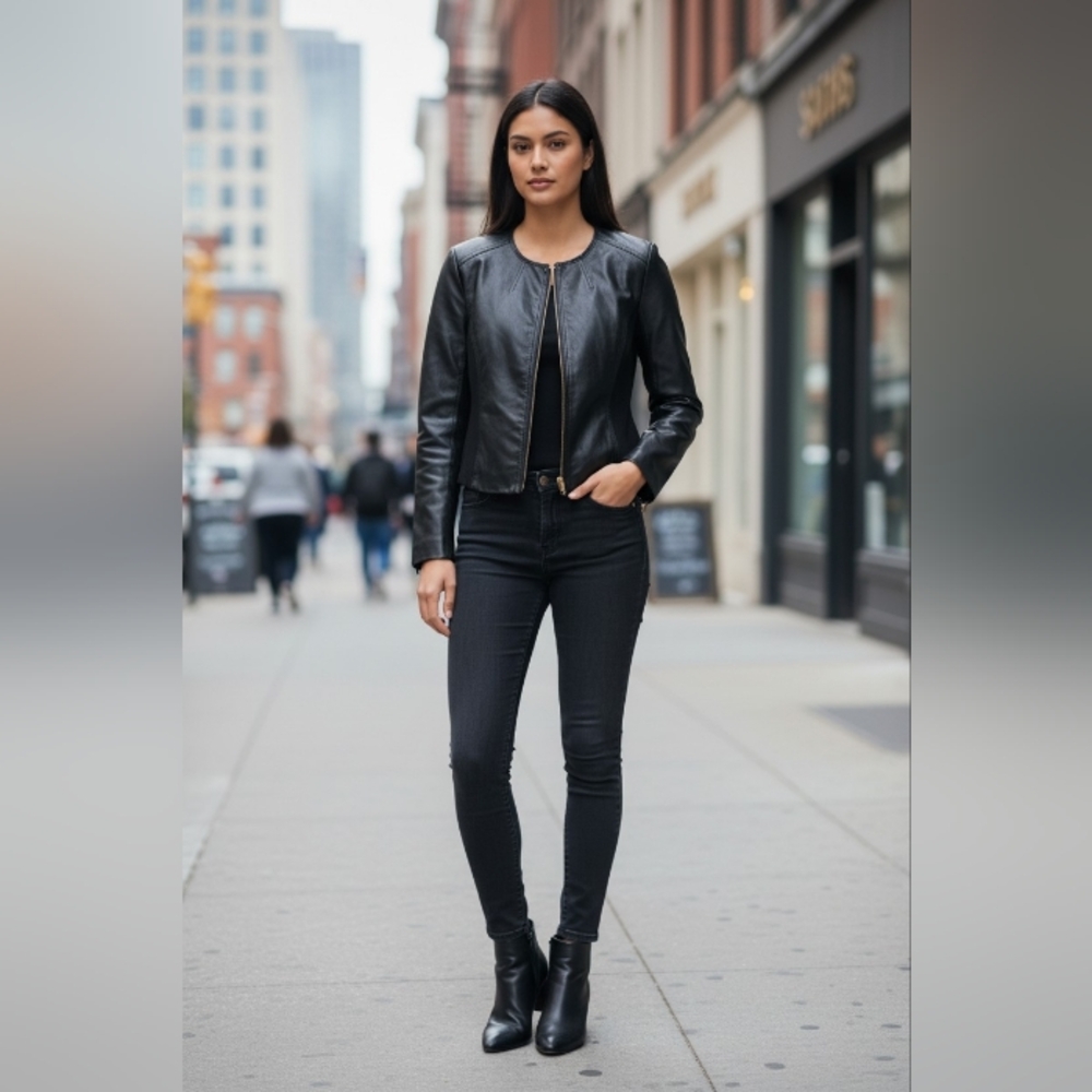 St. John Black Leather Jacket Size 12 | Gold Zip | Stretch Panels | Luxe Minimal